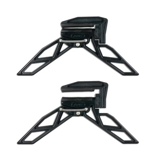 Two views of a black metal bow stabilizer on a white background