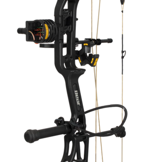 closeup of black compound bow on a white background