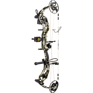 Compound bow with camouflage design on a white background