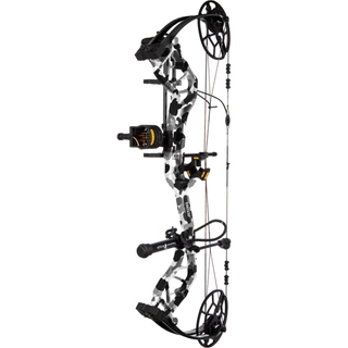 Compound bow with camouflage design on a white background