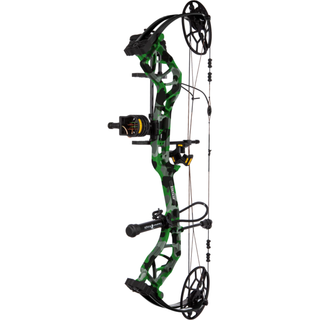 Green and black compound bow on a white background