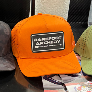 barefoot archery logo patch on an orange hat