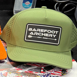 barefoot archery logo patch on an olive green hat