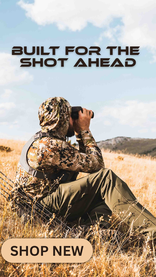 Hunter in camouflage gear using binoculars in a field with 'Built for the Shot Ahead' text.