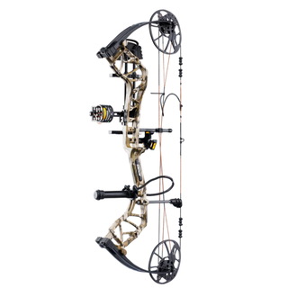 Compound bow with camouflage design on a white background