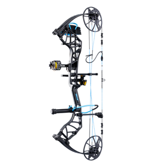 Compound bow with blue accents on a white background