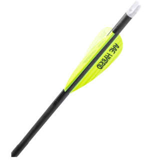 Black arrow with a white nock and yellow fletching on a white background