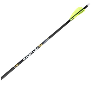 Black archery arrow with a yellow fletching on a white background