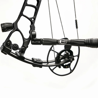 closeup of a black stabilizer mount installed on a bow on a white background