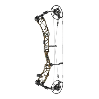 Compound bow with camouflage design on a white background