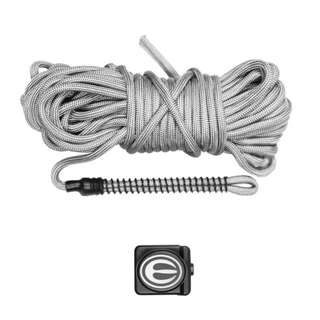 Coiled rope with a black and silver clip on a white background