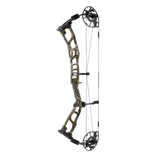 Compound bow with camouflage design on a white background
