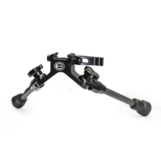 Black metal bipod stand on a white background
