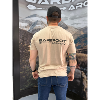 man wearing barefoot archery flagship tee
desert tan back view
