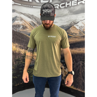 man wearing barefoot archery flagship tee
military green  front view