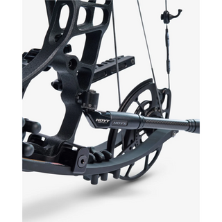 Close-up of a Hoyt archery bow with installed sidebar adapter on a white background