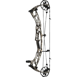 Compound bow with camouflage pattern on a white background