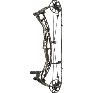 Compound bow with camouflage design on a white background
