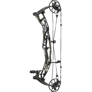 Compound bow with camouflage pattern on a white background