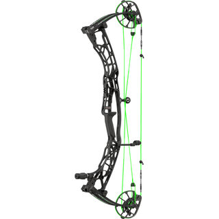 Compound bow with green strings on a white background