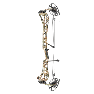Compound bow with camouflage design on a white background