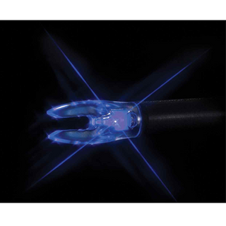 Close-up of a glowing blue arrow nock on a black background