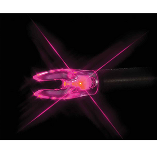 Close-up of a glowing pink arrow nock on a black background