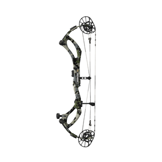 Compound bow with camouflage design on a white background