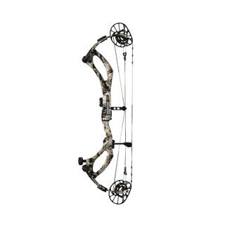 Compound bow with camouflage design on a white background