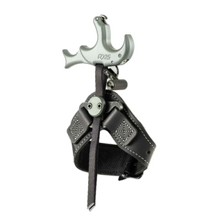 Archery bow trigger release with black strap on a white background