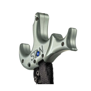 brushed sage green metal bow trigger release on a white background