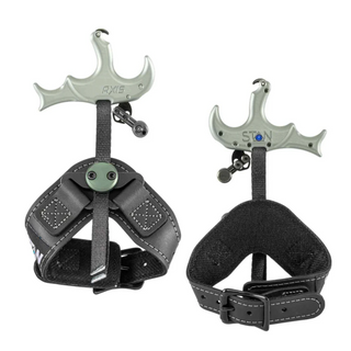 Two views of an archery bow thumb release with black straps on a white background