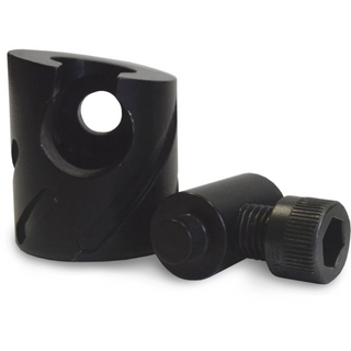 Black metal component with threaded end on a white background