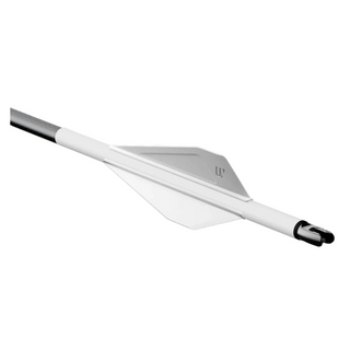 White archery arrow with a black nock on a white background