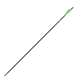 Long black arrow with a green fletching on a white background