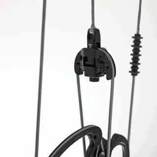 close up of black compound bow on white background