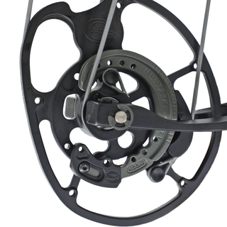 close up of black compound bow on white background