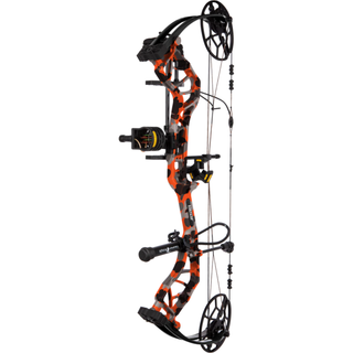 Compound bow with orange and black design on a white background