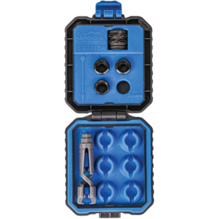 Blue and black raptor peep kit with various components on a white background